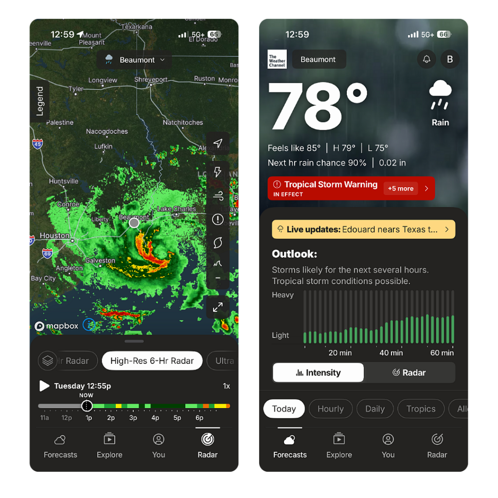 images of weather app showing rain in the area and intensity