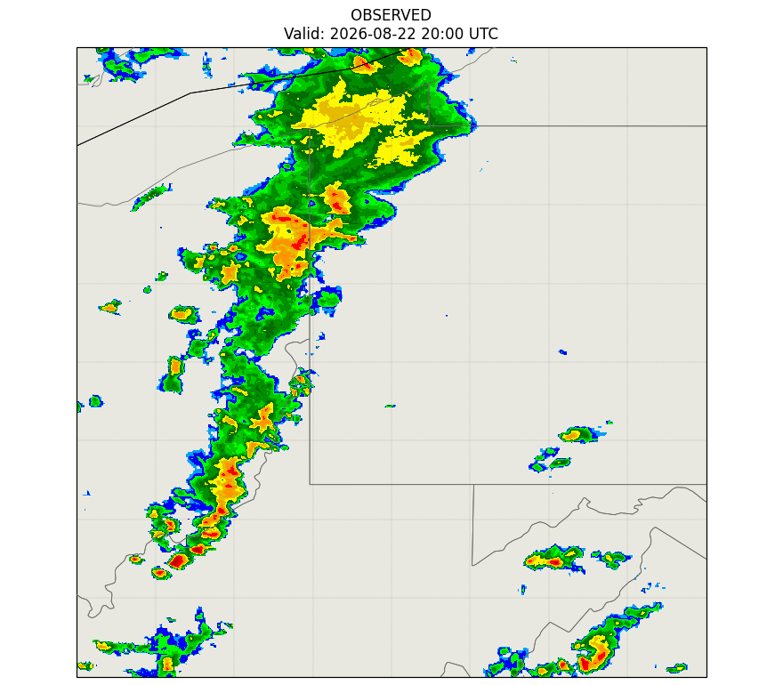 weather radar GIF showing observed precipitation with forecasted precipitation added