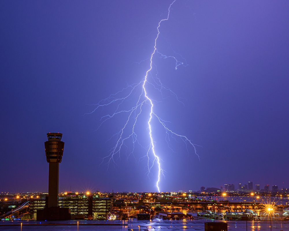 Lightning at an airport at night