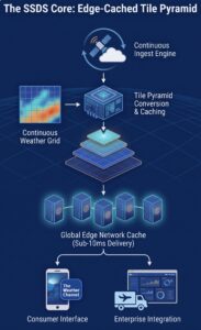 SUN Spatial Data Systems (SSDS) edge-cached tile pyramids. When SSDS receives raw environmental files, it converts continuous grids into a structured tile pyramid and stores the result in high-speed memory.
