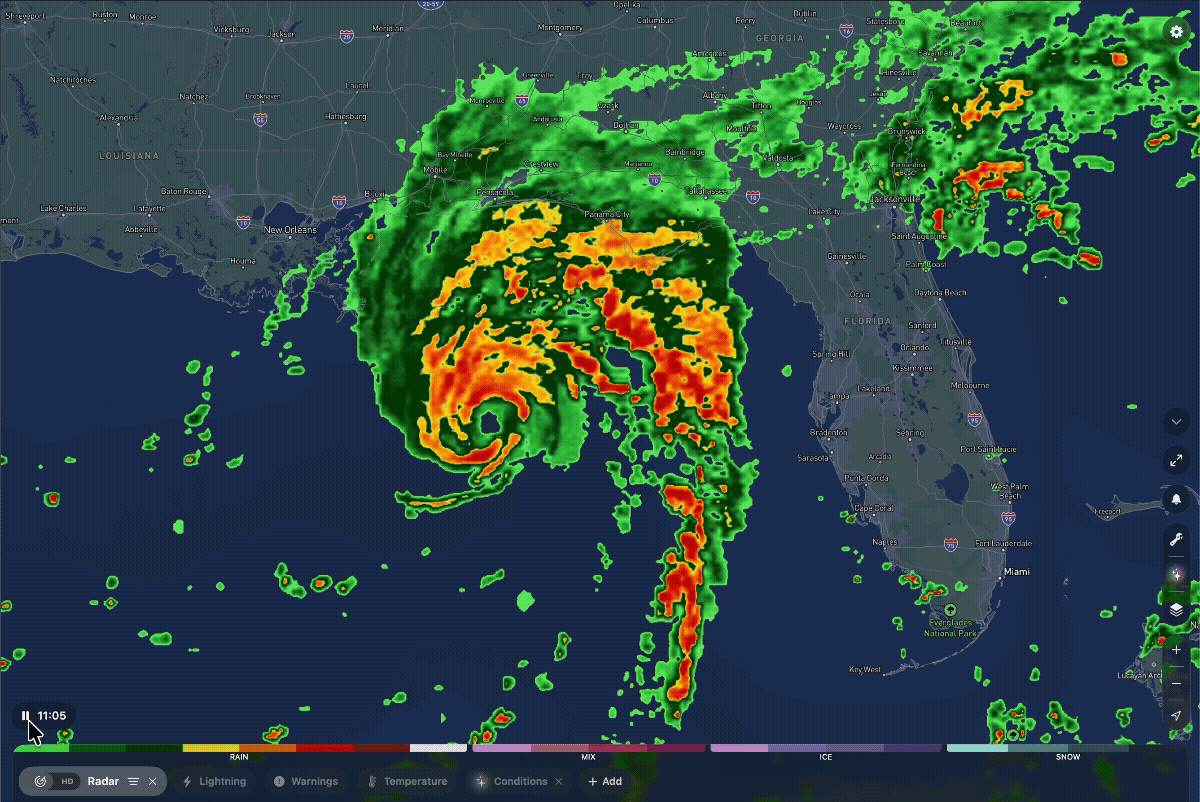 GIF image of The Weather Company's high-resolution weather radar visualization of a hurricane