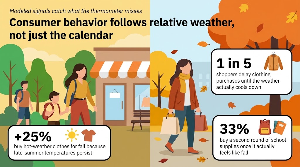 Illustration showing statistics about weather impacts on back-to-school shopping