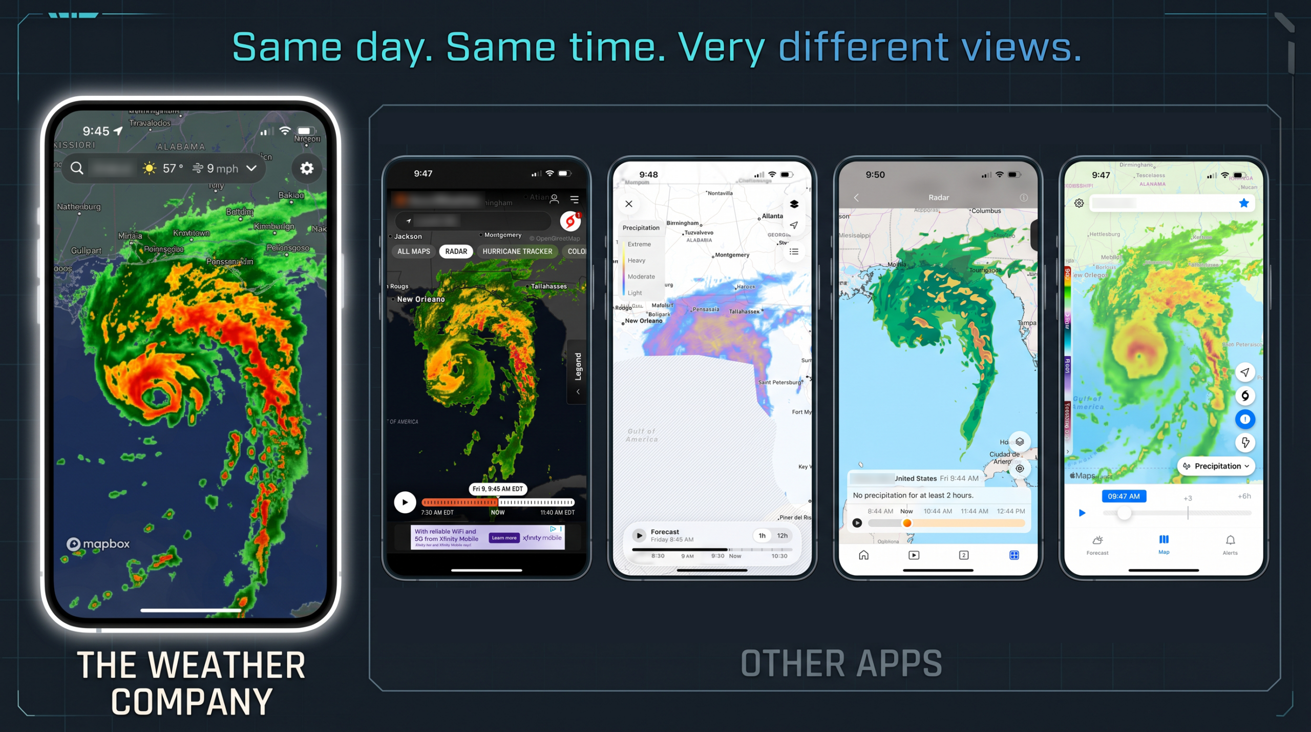 Weather app radar comparison showing 5 well-known apps side by side at same day and time