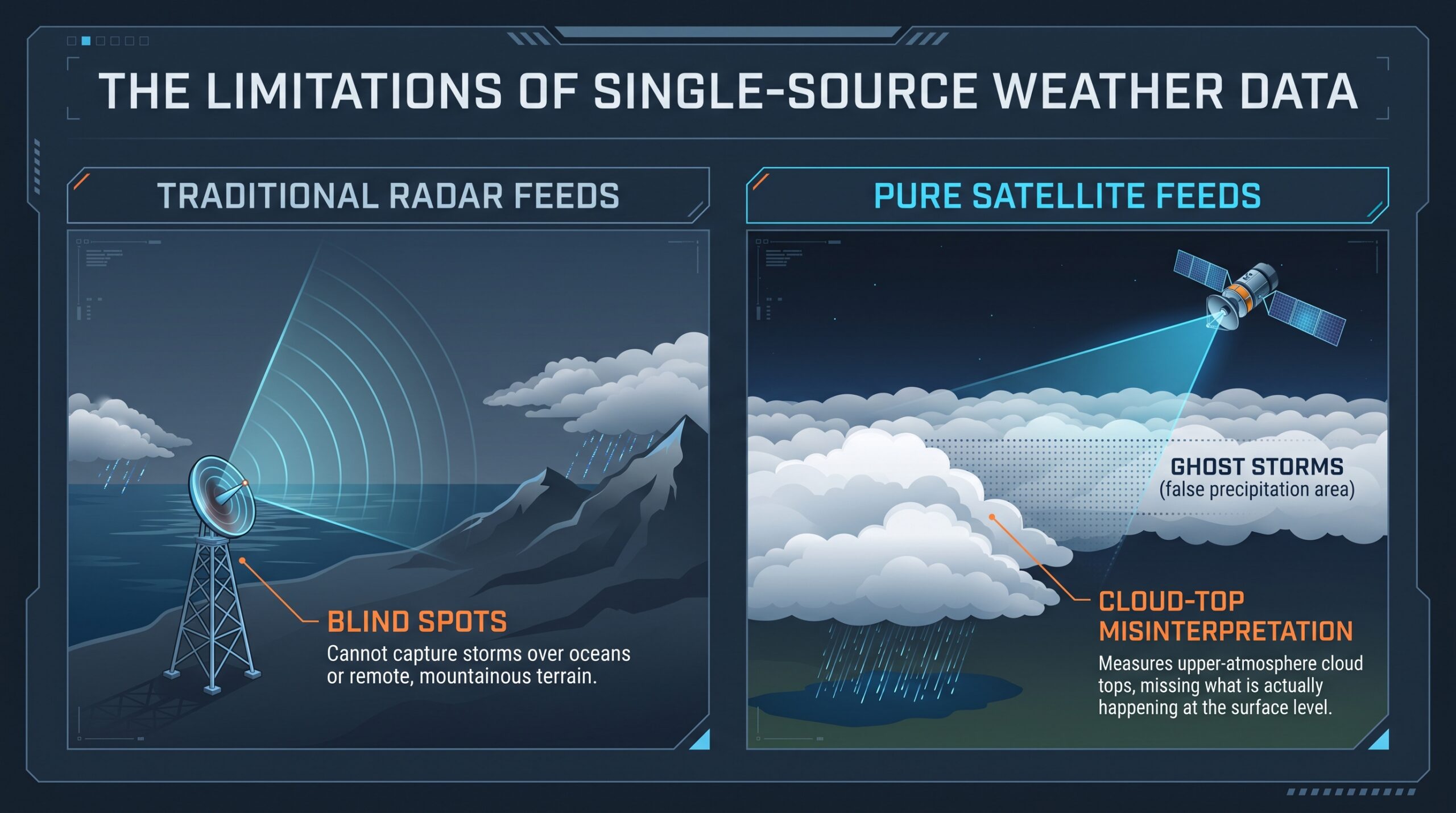 Illustration showing the limitations of single-source weather data, explaining radar blind spots and satellite misinterpretation